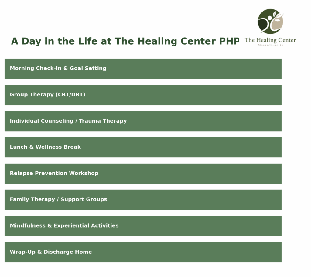 
A graphic image of What Daily Life Looks Like in a PHP Program in Massachusetts at The Healing Center in Stoughton. 
